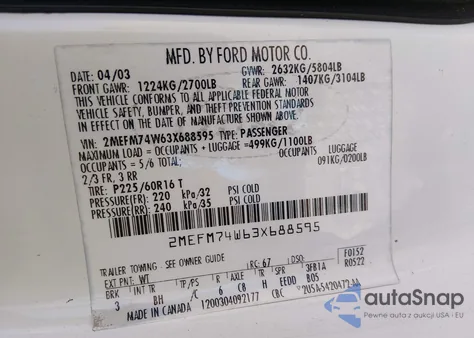 2003 Mercury Grand Marquis Gs из США, поврежденный, VIN 2MEFM74W63X688595